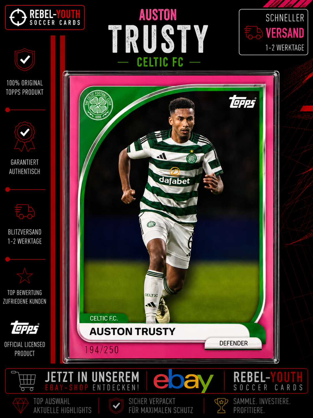 Auston Trusty Pink Parallel /250 2024-2025 Topps Celtic "194/250