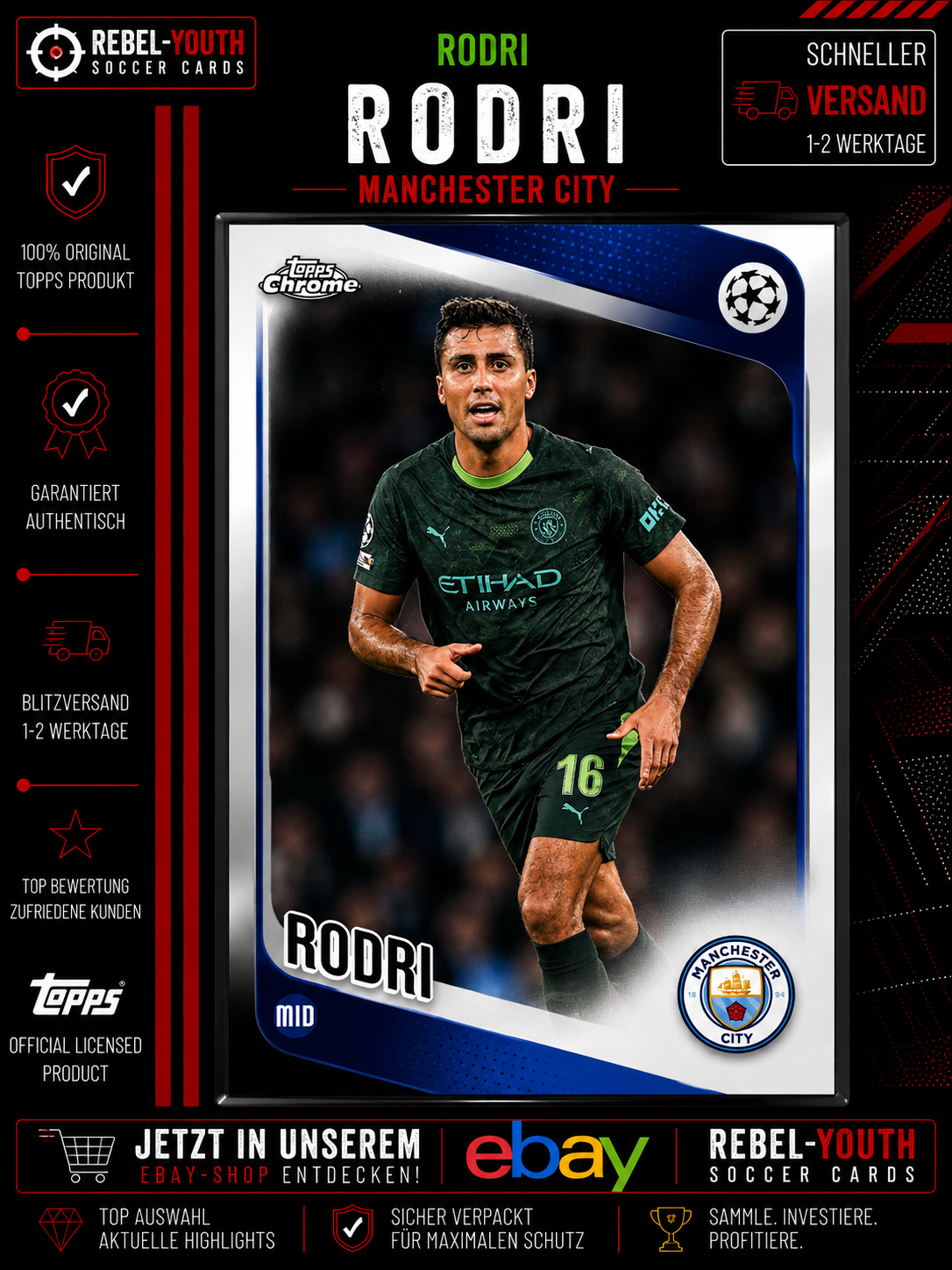 Rodri Topps Chrome 2025/26 Manchester City Base Card #16 UEFA Champions League