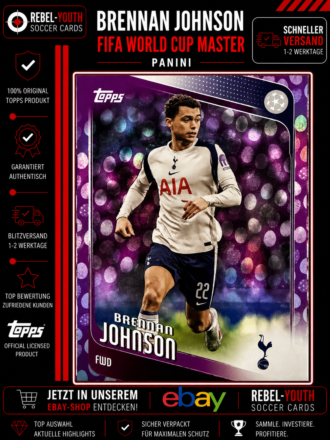 Brennan Johnson Purple Parallel Tottenham Hotspur Topps UEFA Club Competitions