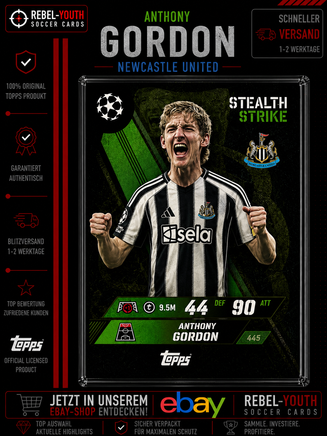 Anthony Gordon Stealth Strike #445 Topps Match Attax Champions League 2025/26 Ne