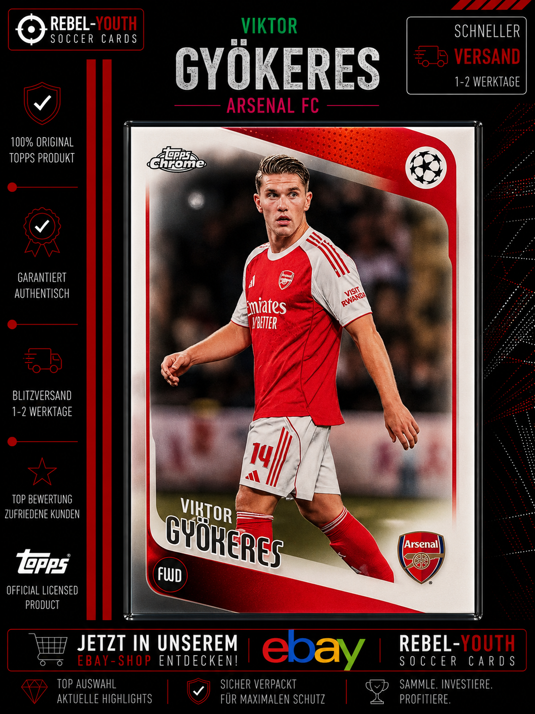 Viktor Gyökeres Topps Chrome 2025/26 Arsenal FC Base Card UCC UEFA