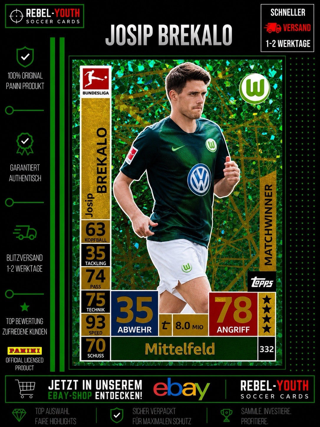 Josip Brekalo Matchwinner #332 Topps Match Attax 2018/19 VfL Wolfsburg