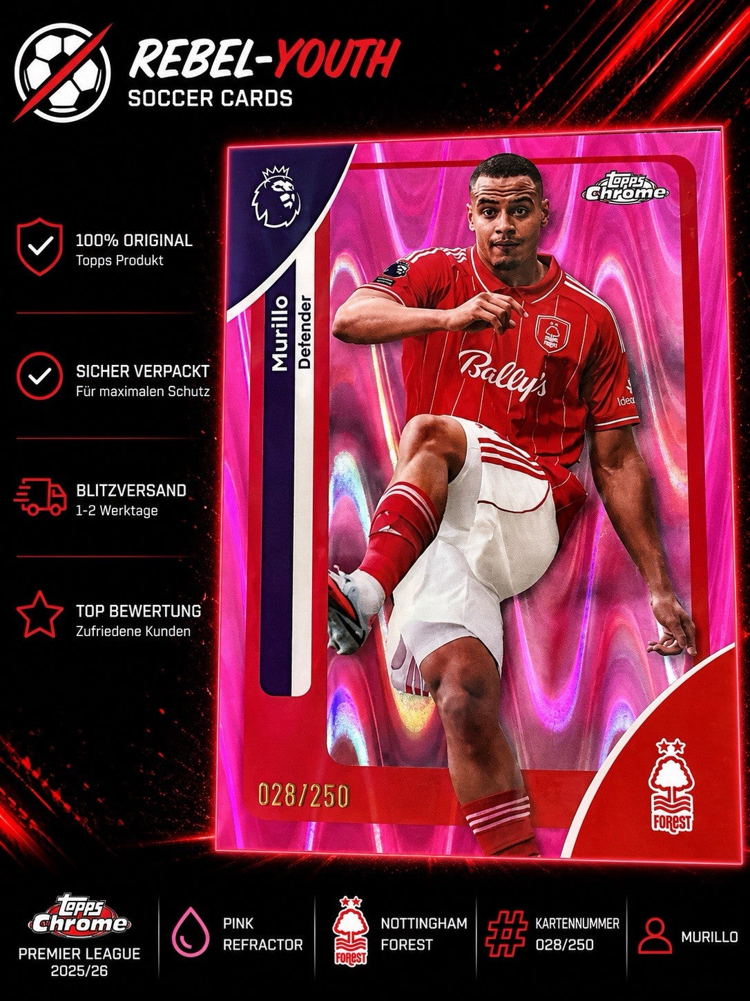 Murillo Pink Refractor #028/250 Topps Chrome Premier League 2025/26 Nottingham