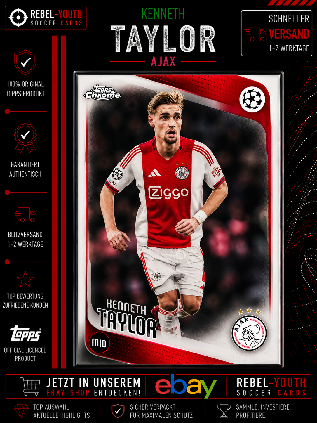 Kenneth Taylor Topps Chrome 2025/26 Ajax Amsterdam Base Card UCC UEFA