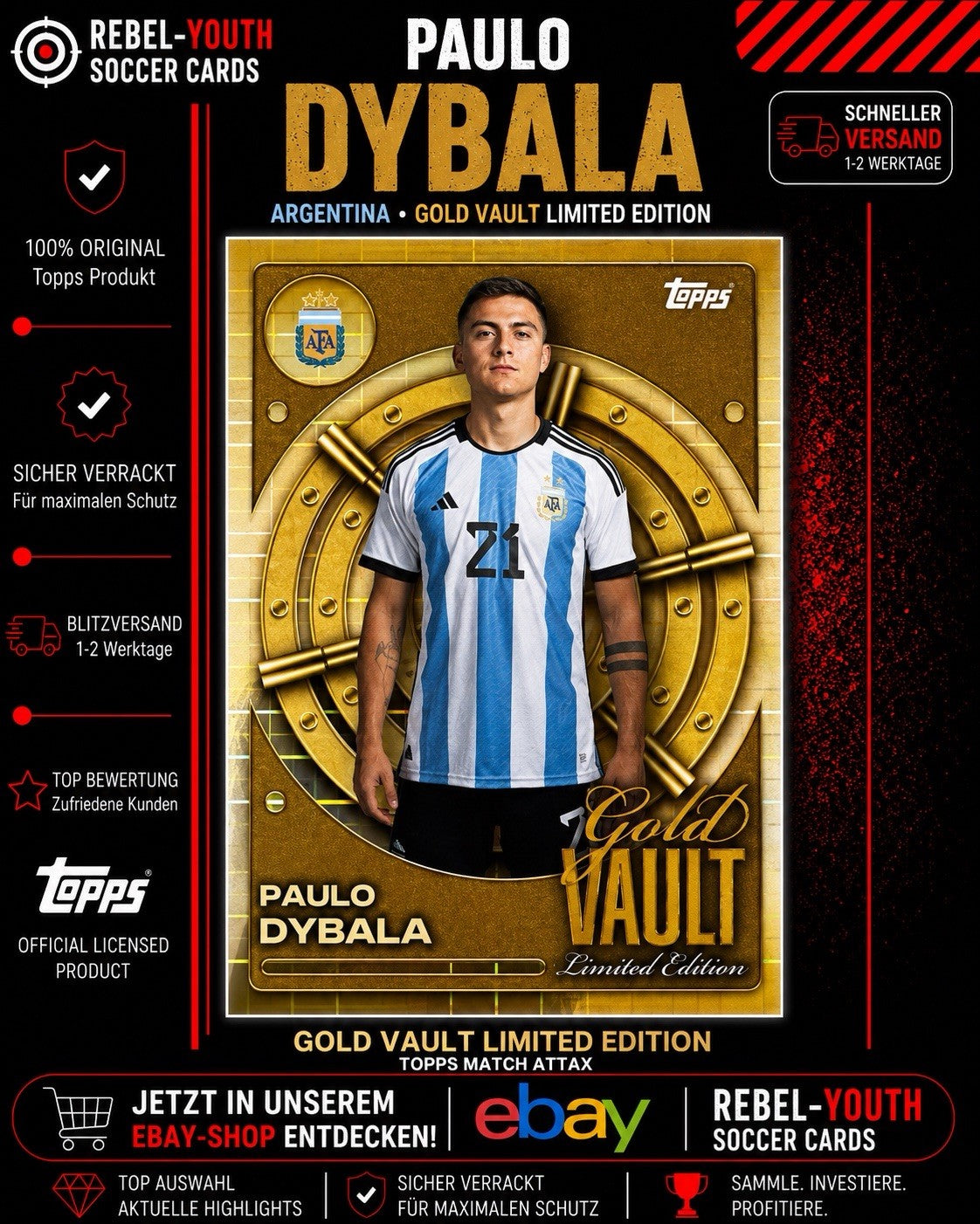 Paulo Dybala Gold Vault Limited Edition Argentina Football Card Topps