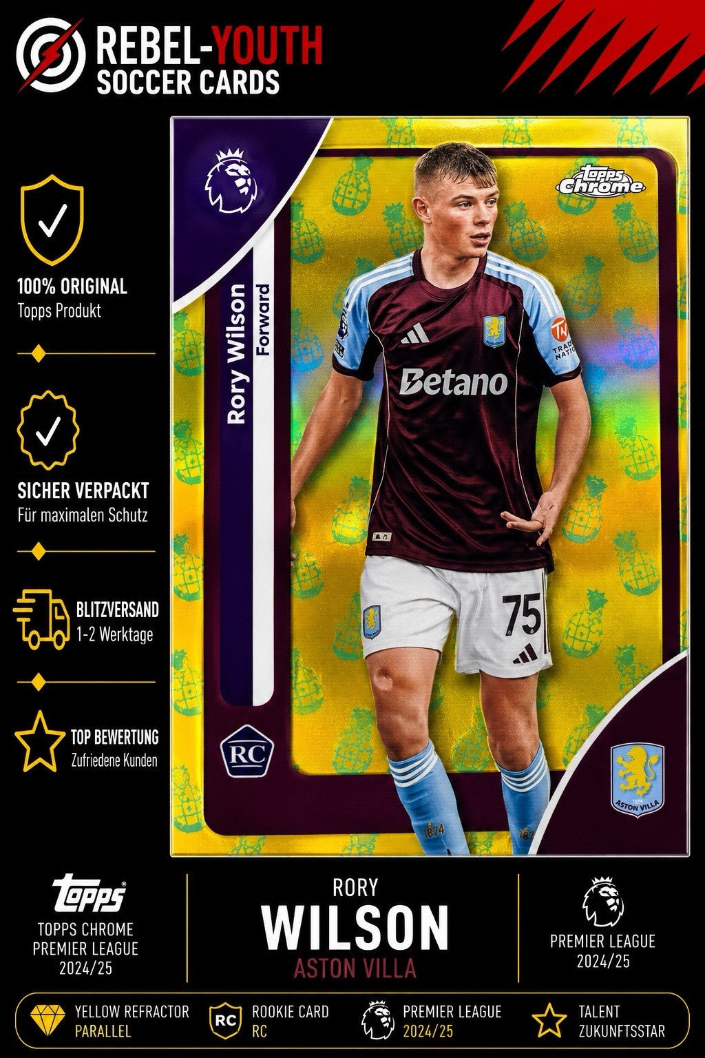Rory Wilson RC Yellow Refractor Topps Chrome Premier League 2025/26