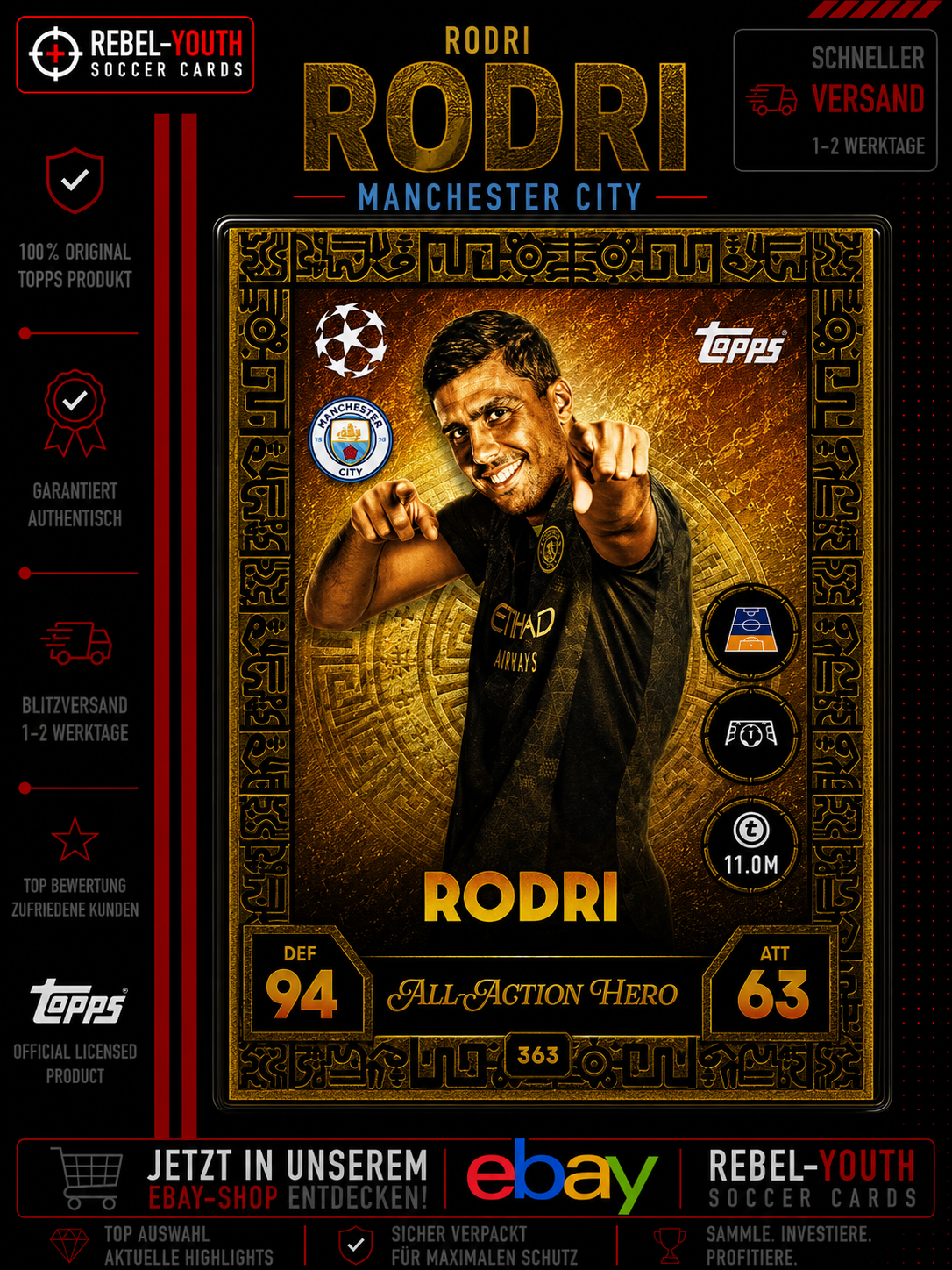 Rodri All Action Hero #363 Topps Match Attax Champions League 2025/26
