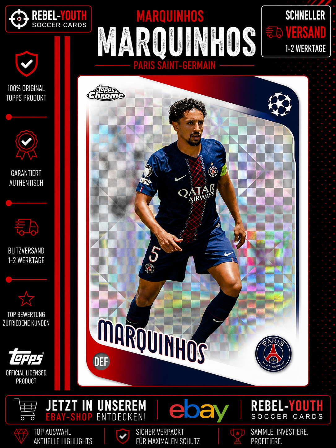 2025-26 Topps Chrome UEFA Marquinhos Checkered Refractor Paris Saint-Germain #94