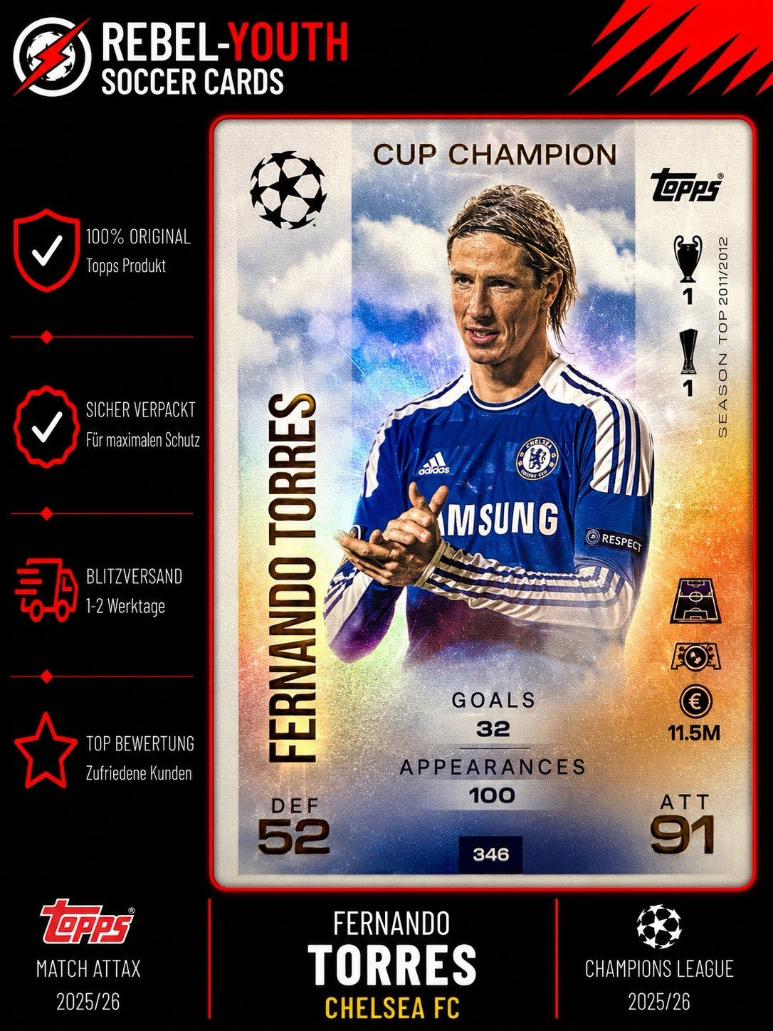 Match Attax 25/26 Fernando Torres Cup Champion Chelsea #348 Champions League