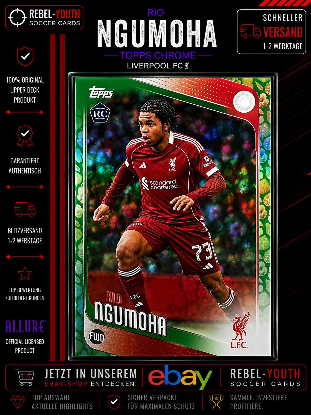 Rio Ngumoha Topps Chrome ARio Ngumoha Topps llure Green Parallel RC Liverpool FC