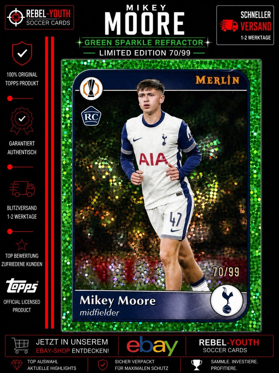 Mikey Moore RC Green Sparkle Refractor 70/99 Topps Merlin UEFA 2024/25