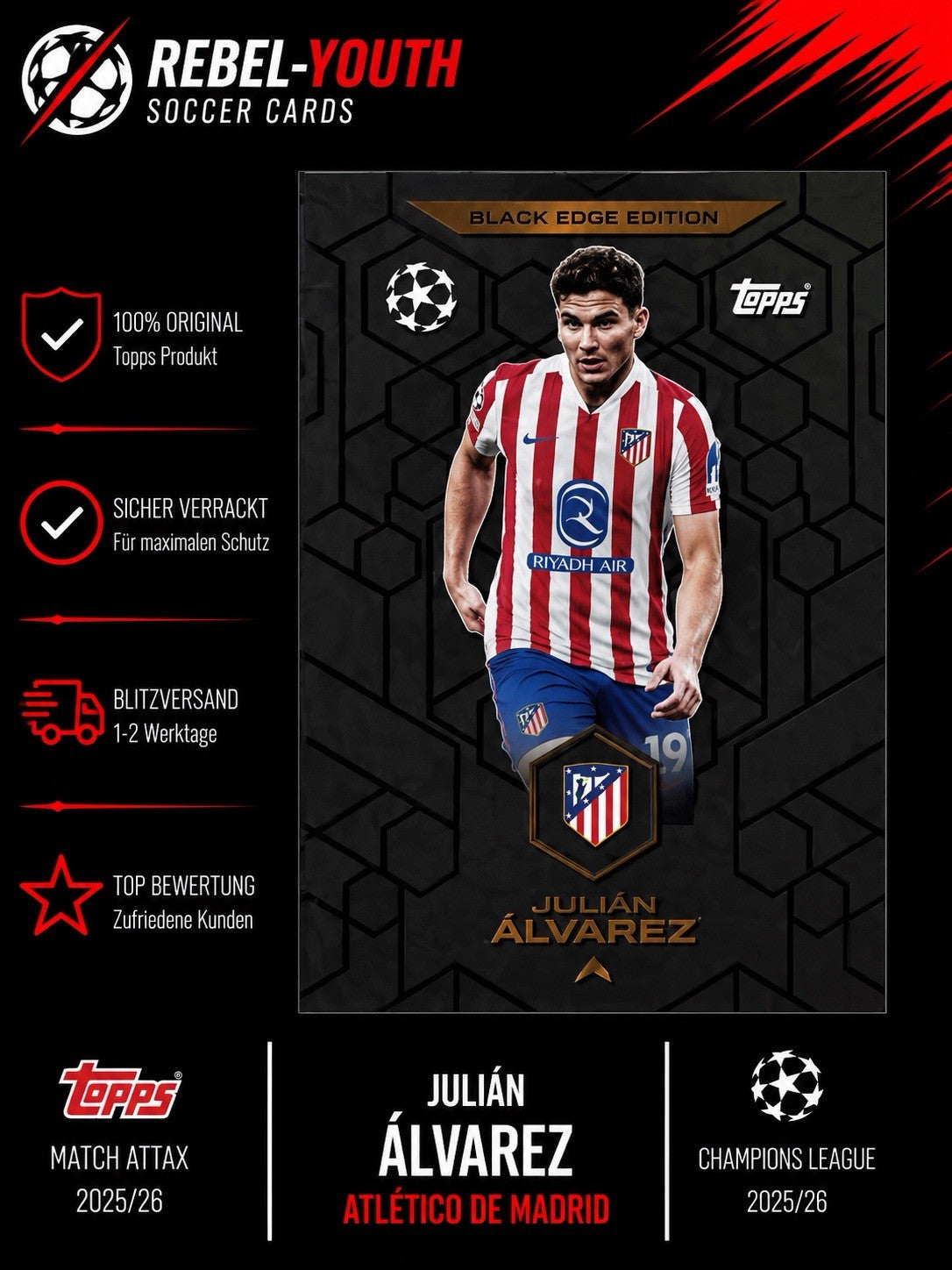 Topps BLACK EDGE BE5 " Julian ALVAREZ " by MATCH ATTAX ChampionsLeague 25/26