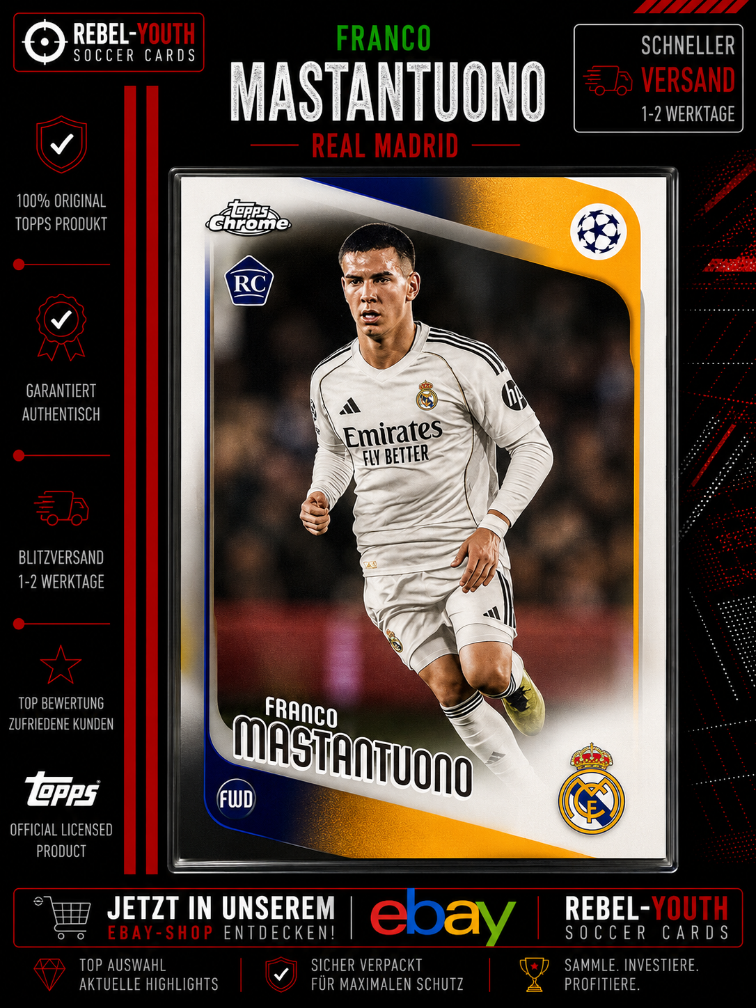 Franco Mastantuono RC Topps Chrome 2025/26 Rookie Card Real Madrid #172