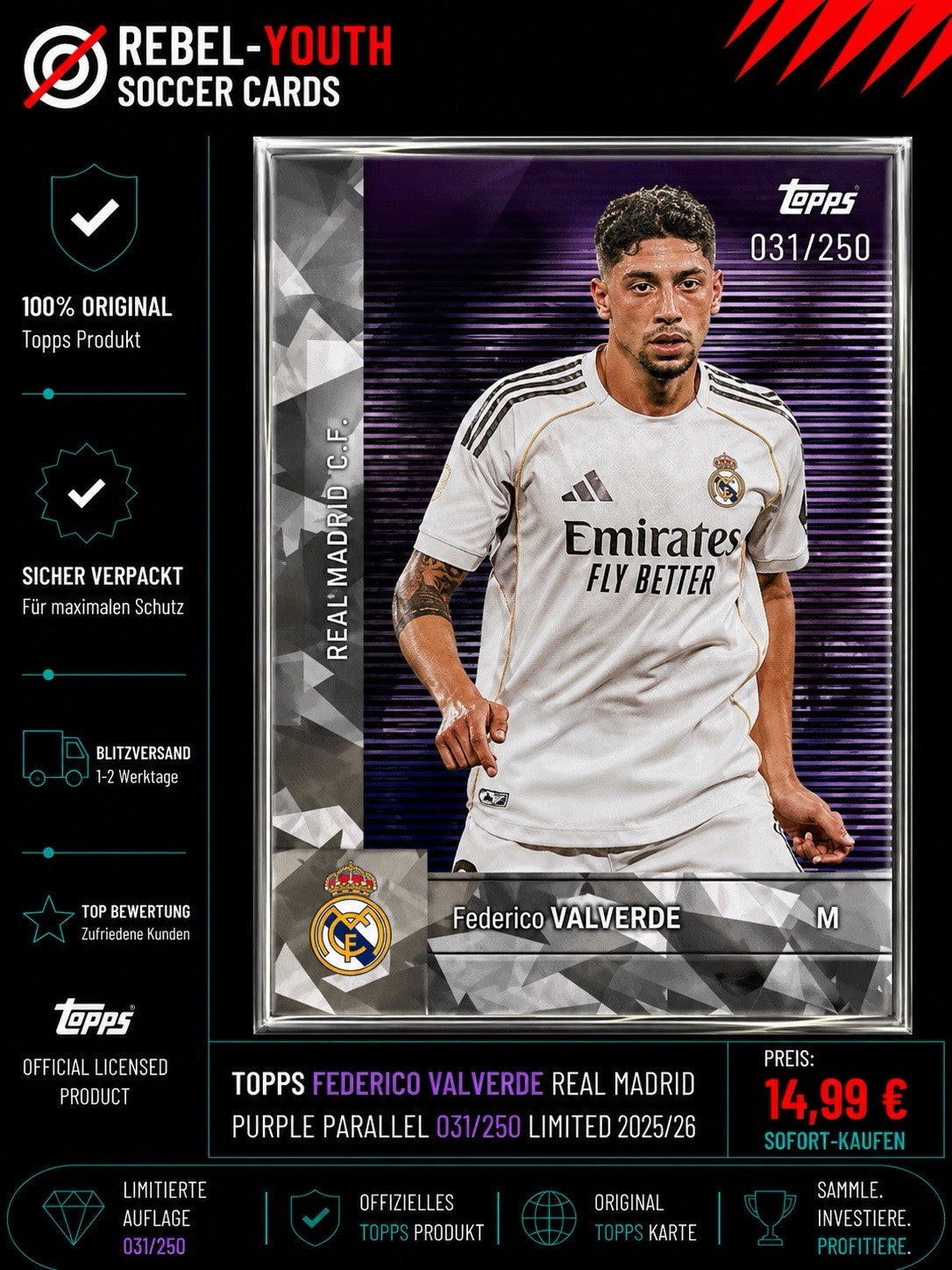 Topps Federico Valverde Purple Parallel 091/250 Real Madrid Limited 2025/26