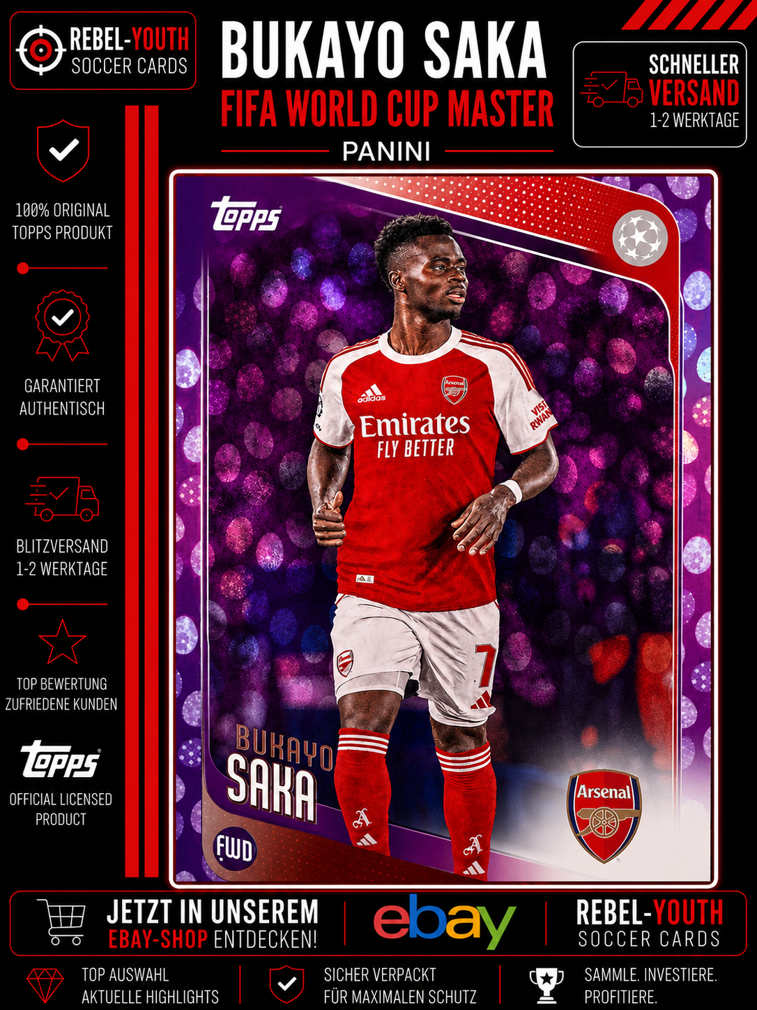 Topps UEFA Club Competitions Bukayo Saka Purple Foil Arsenal FC