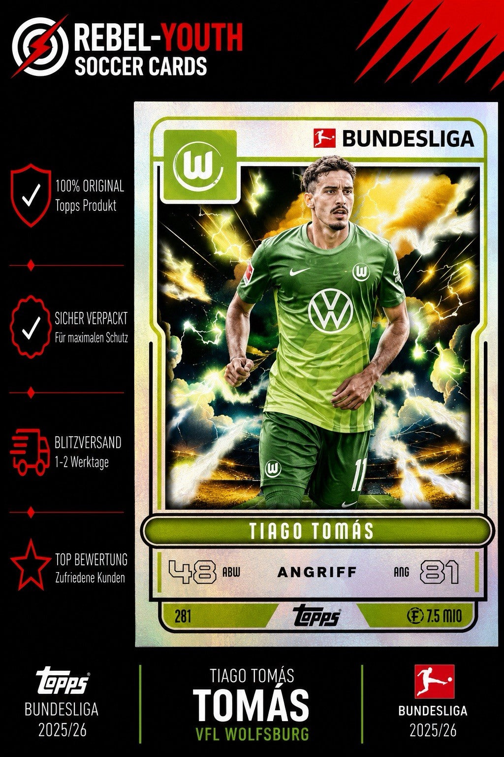 Topps Match Attax 25/26 - TIAGO TOMAS - Lightning Sonderkarte Nr. 391 Wolfsburg