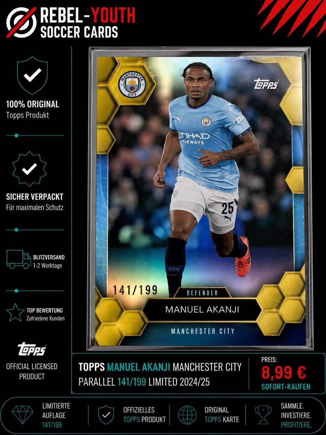 Manuel Akanji Topps Gold Hexagon 141/199 Manchester City Limited Parallel