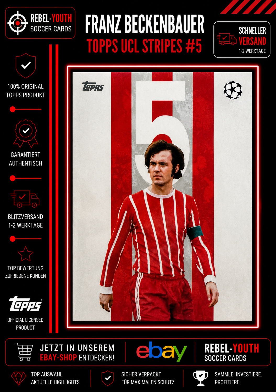 Franz Beckenbauer Topps UCL Stripes #5 Bayern München Legend Insert