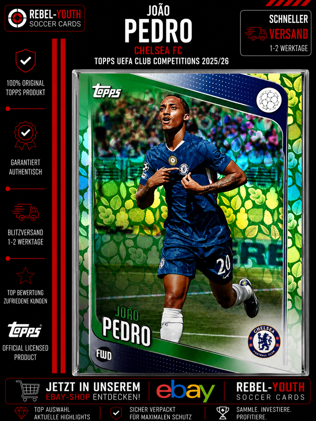 João Pedro Green Leaf Parallel Topps UEFA Club Competitions 2025/26 Chelsea FC