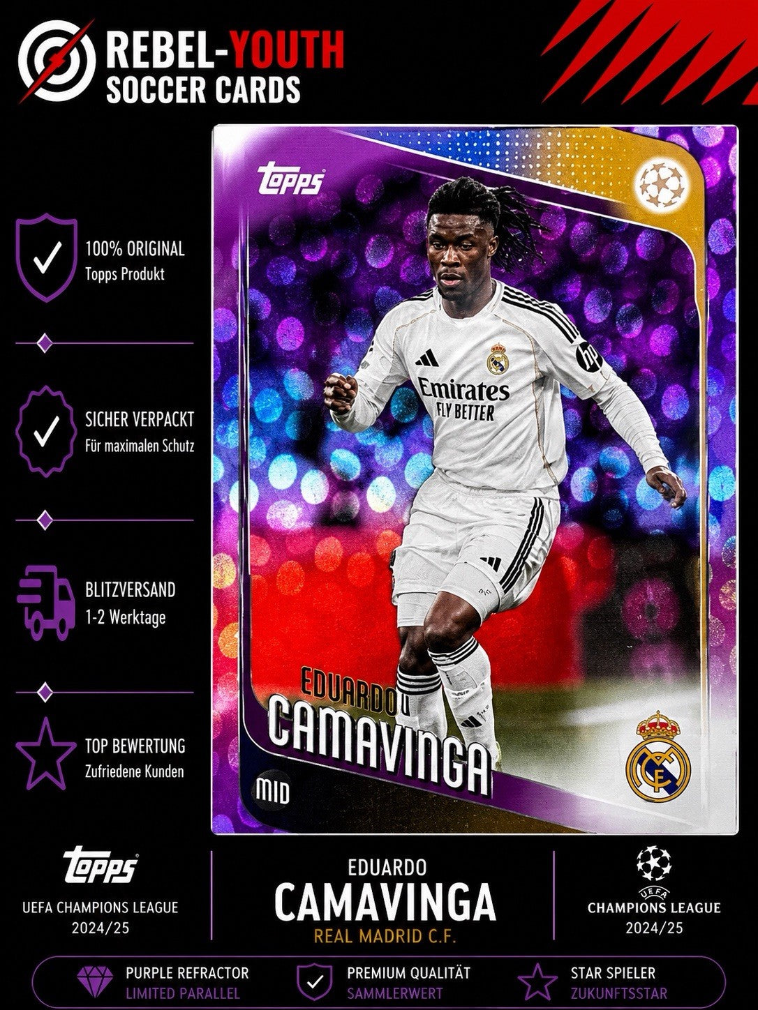 Eduardo Camavinga Purple Refractor Real Madrid Topps UEFA Club Competitions