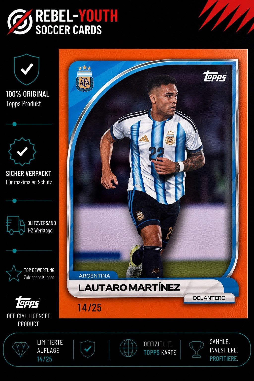 Topps Lautaro Martínez Orange Parallel 14/25 Argentina SSP Rare Limited #14/25