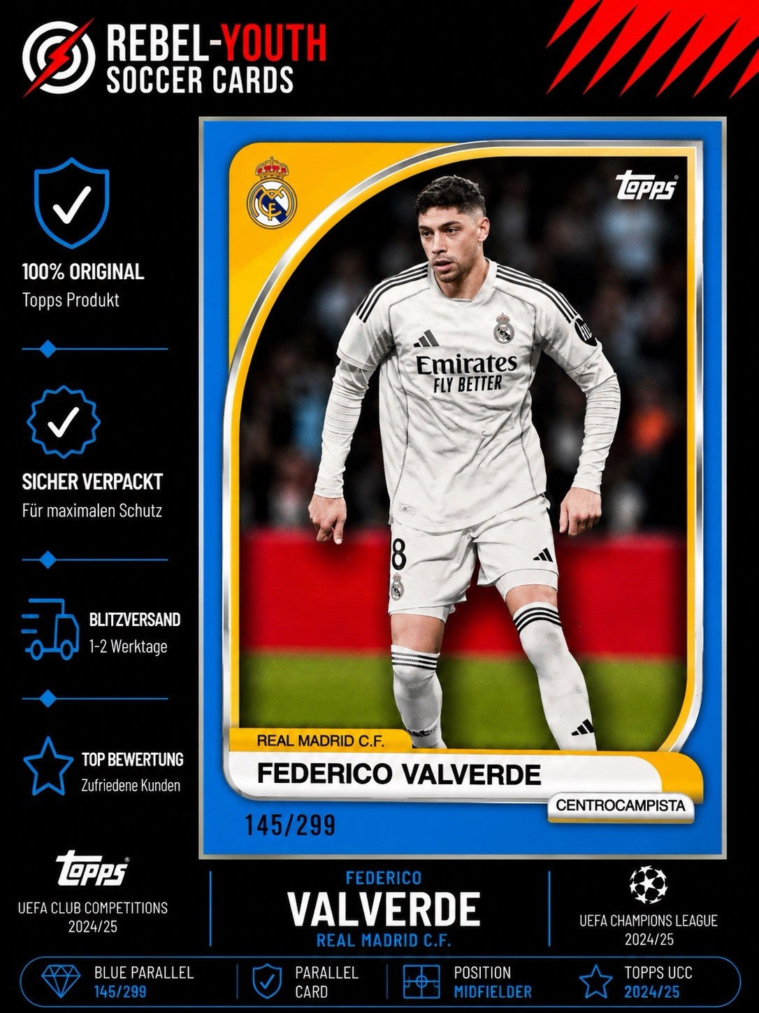 Federico Valverde Blue Parallel 145/299 Real Madrid Topps UCC 2025/26 #145/299