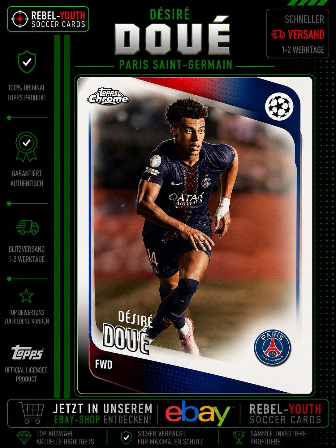 2025-26 Topps Chrome UEFA Désiré Doué Paris Saint-Germain PSG Base #FWD