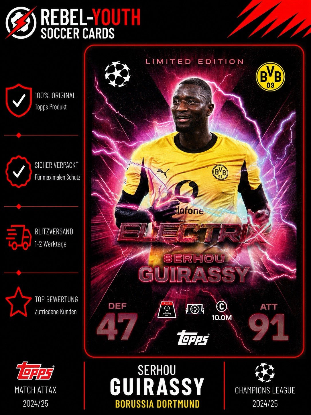 Topps Electrix Limited Edition SERHOU GUIRASSY BVB Borussia Dortmund Sammelkarte