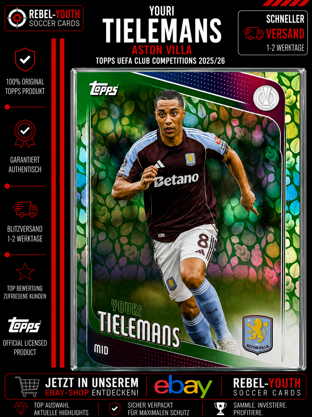 Youri Tielemans Green Leaf Parallel Topps UEFA Club Competitions 2025/26 Aston V