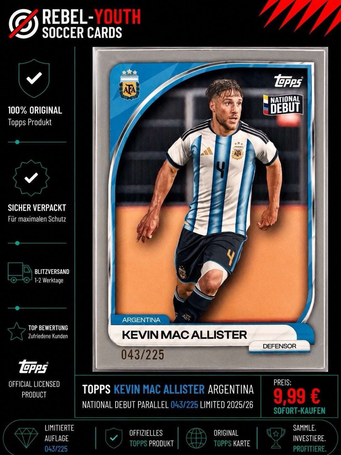 Topps Kevin Mac Allister National Debut Parallel 043/225 Argentina 2025/26