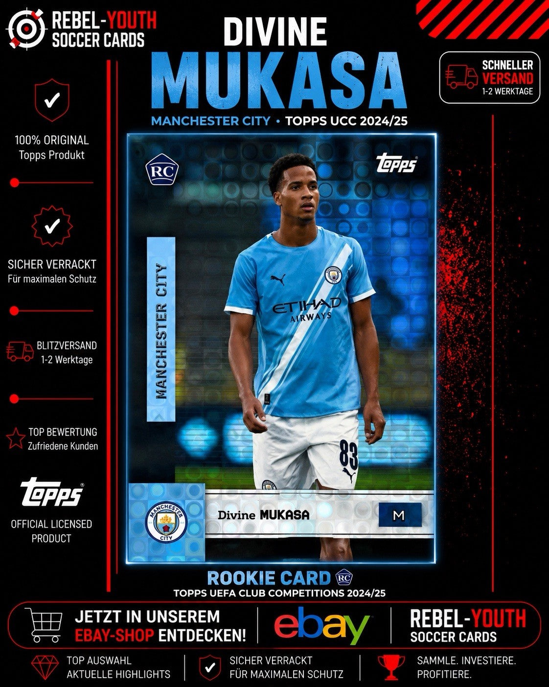 Divine Mukasa RC Rookie Card Manchester City Topps UEFA Club Competitions