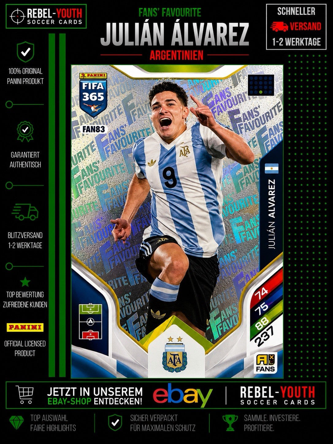 CARTE PANINI FIFA 365 2026 JULIAN ALVAREZ #FAN83 FANS FAVOURITE ARGENTINA FOIL