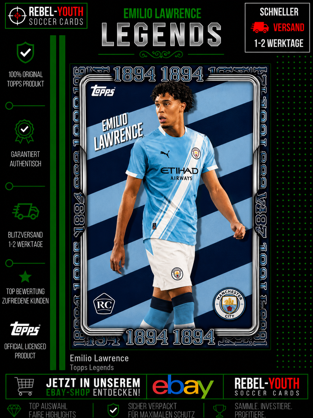 2025-26 Topps Manchester City Team Set Emilio Lawrence RC 1894 Legends Rookie