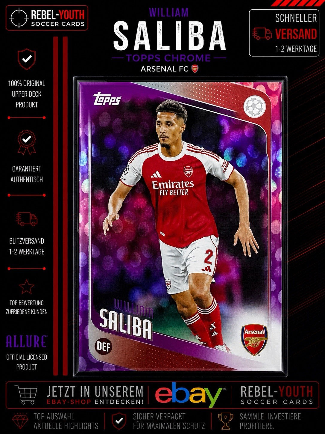 William Saliba Topps Chrome Purple Parallel Arsenal 2024/25 #DEF Near Mint