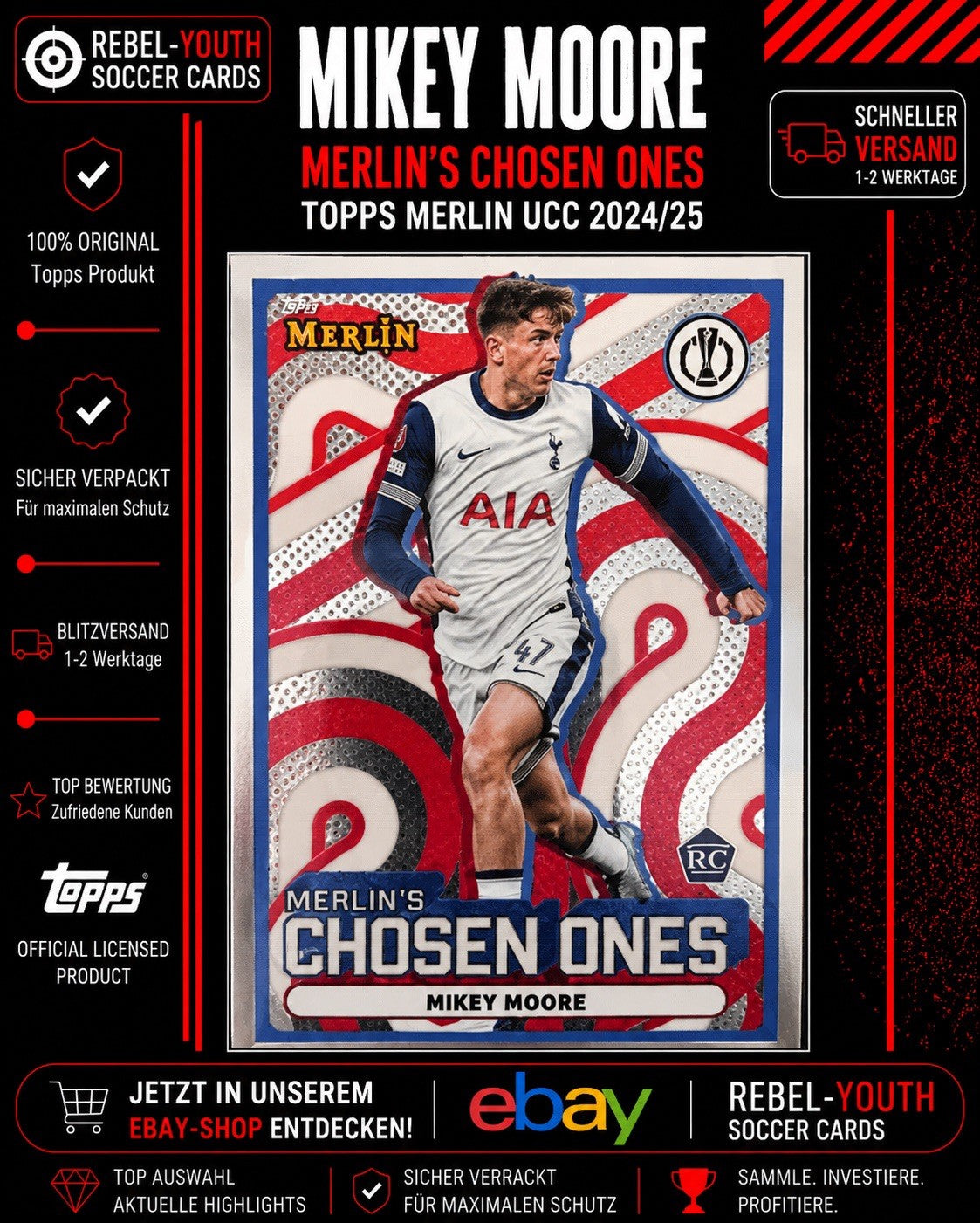 Mikey Moore RC Merlin’s Chosen Ones 2024/25 Topps Merlin Rookie Tottenham