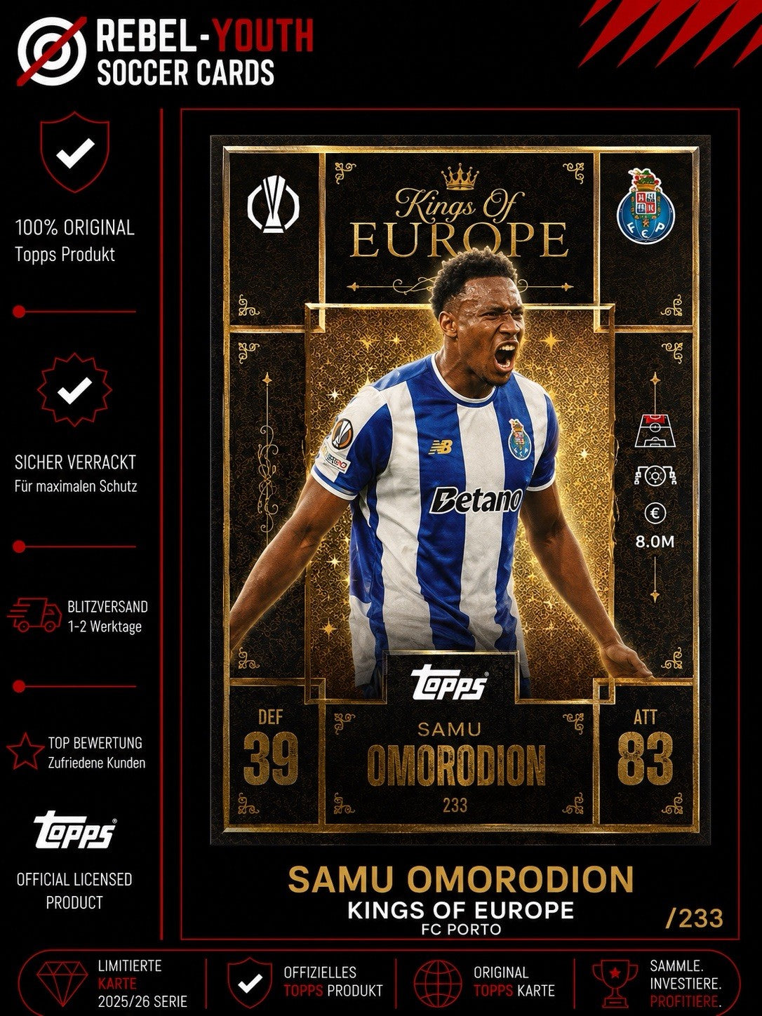 Topps Kings Of Europe SAMU AGHEHOWA FC Porto Fußball Trading Card  Sammelkarte