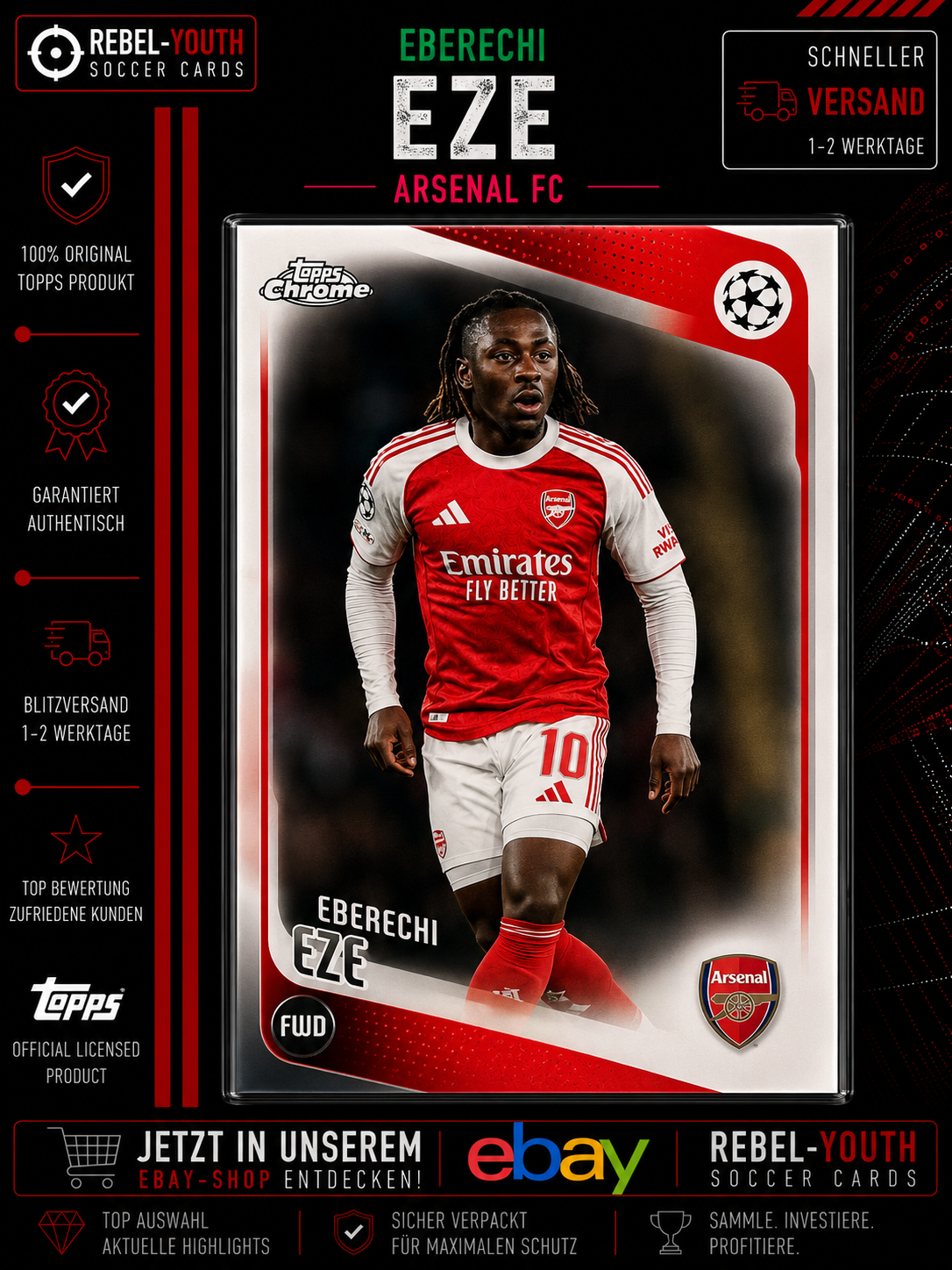 Eberechi Eze Topps Chrome 2025/26 Arsenal FC Base Card UCC UEFA England