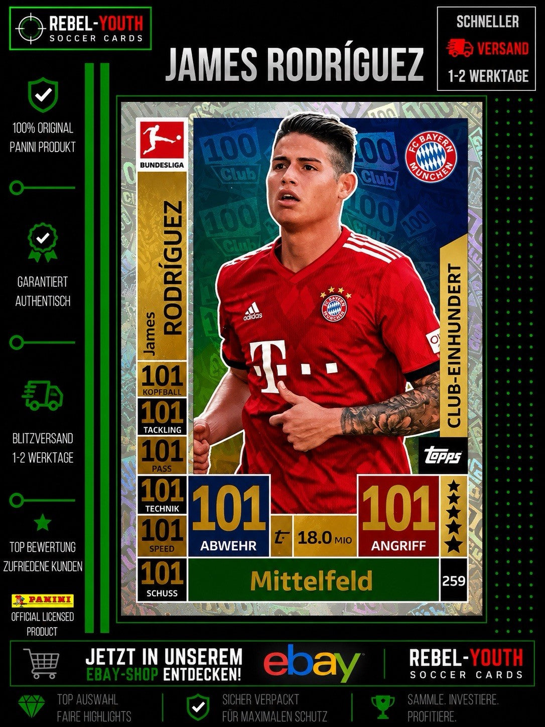 Topps Match Attax 2018/19 James Rodríguez 100 Club FC Bayern München #259