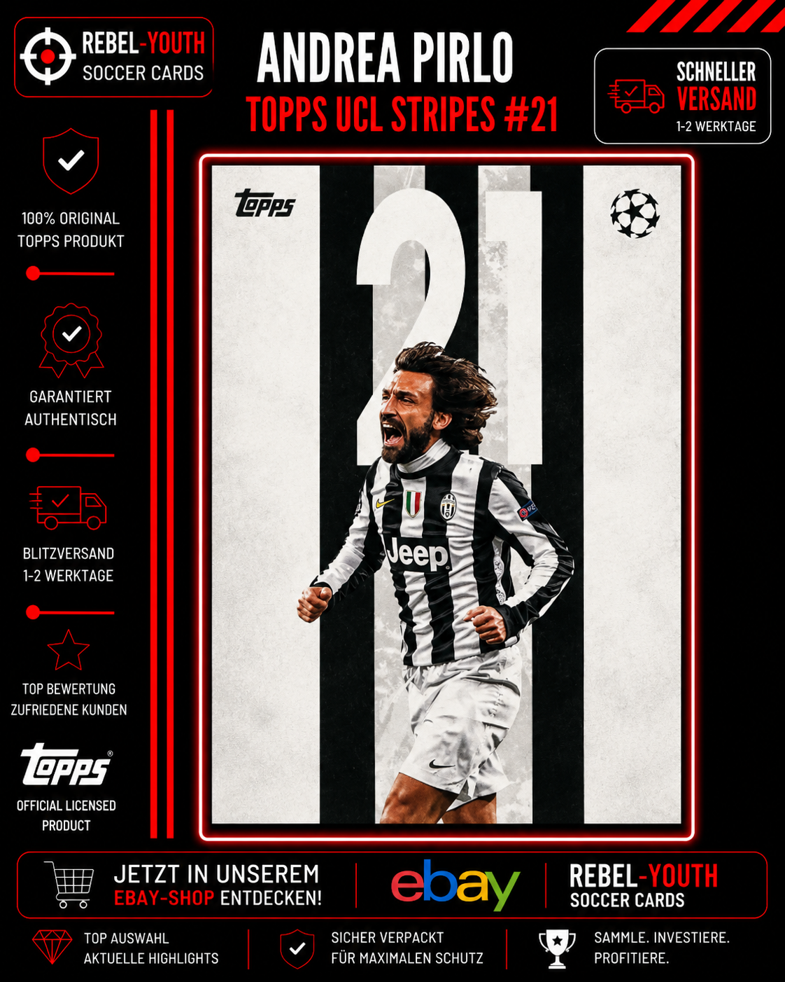 Andrea Pirlo Topps UCL Stripes #21 Juventus Legend Insert UEFA Champions League