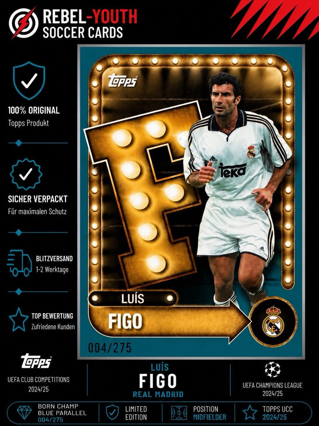 Luis Figo Real Madrid Topps UCC 2025/26 Born Champ Blue /275 Legend #004/275