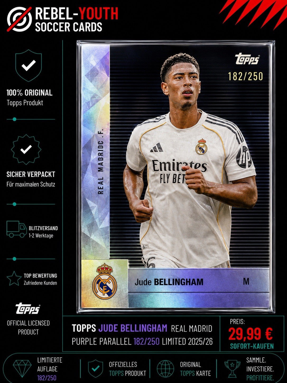 Topps Jude Bellingham Purple Parallel 182/250 Real Madrid Limited 2025/26